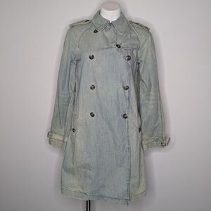 Vintage Polo Jeans Ralph Lauren Light Blue Denim Double Breasted Trench Coat S